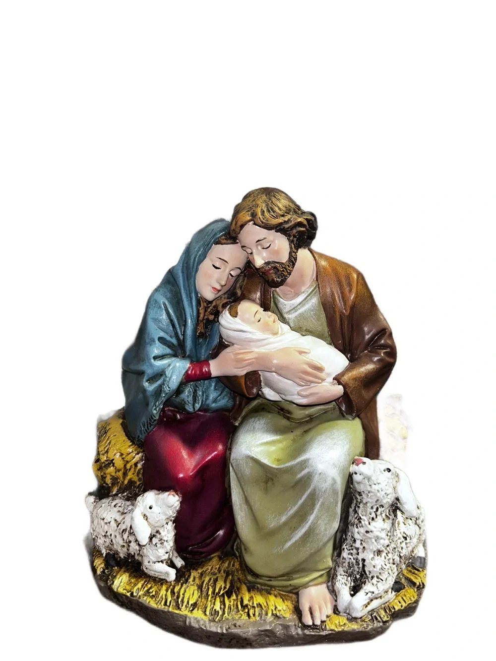 Roman ~ Mary and Joseph Holding Baby Jesus in Crèche with Lambs 10